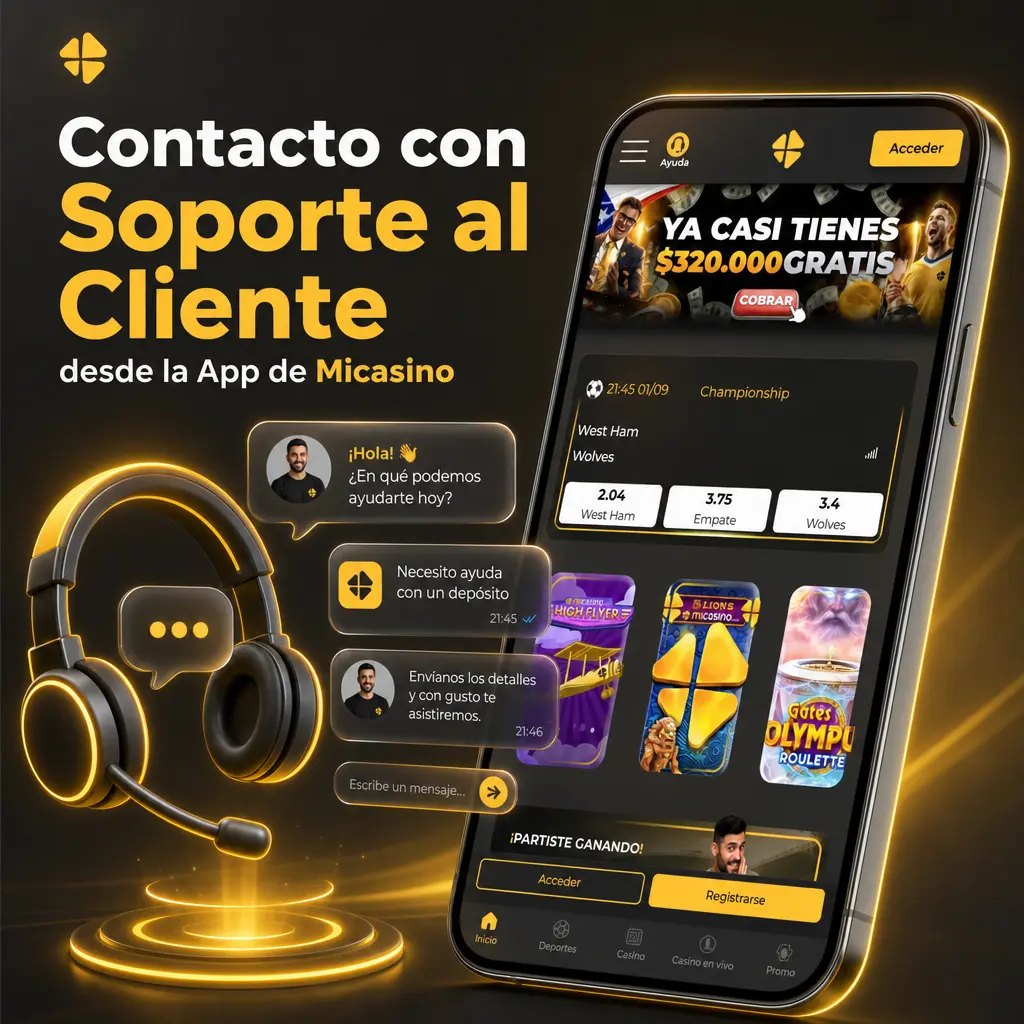 Contacto con soporte al cliente de Micasino desde la app: chat en vivo, WhatsApp, correo y redes sociales, 24/7.