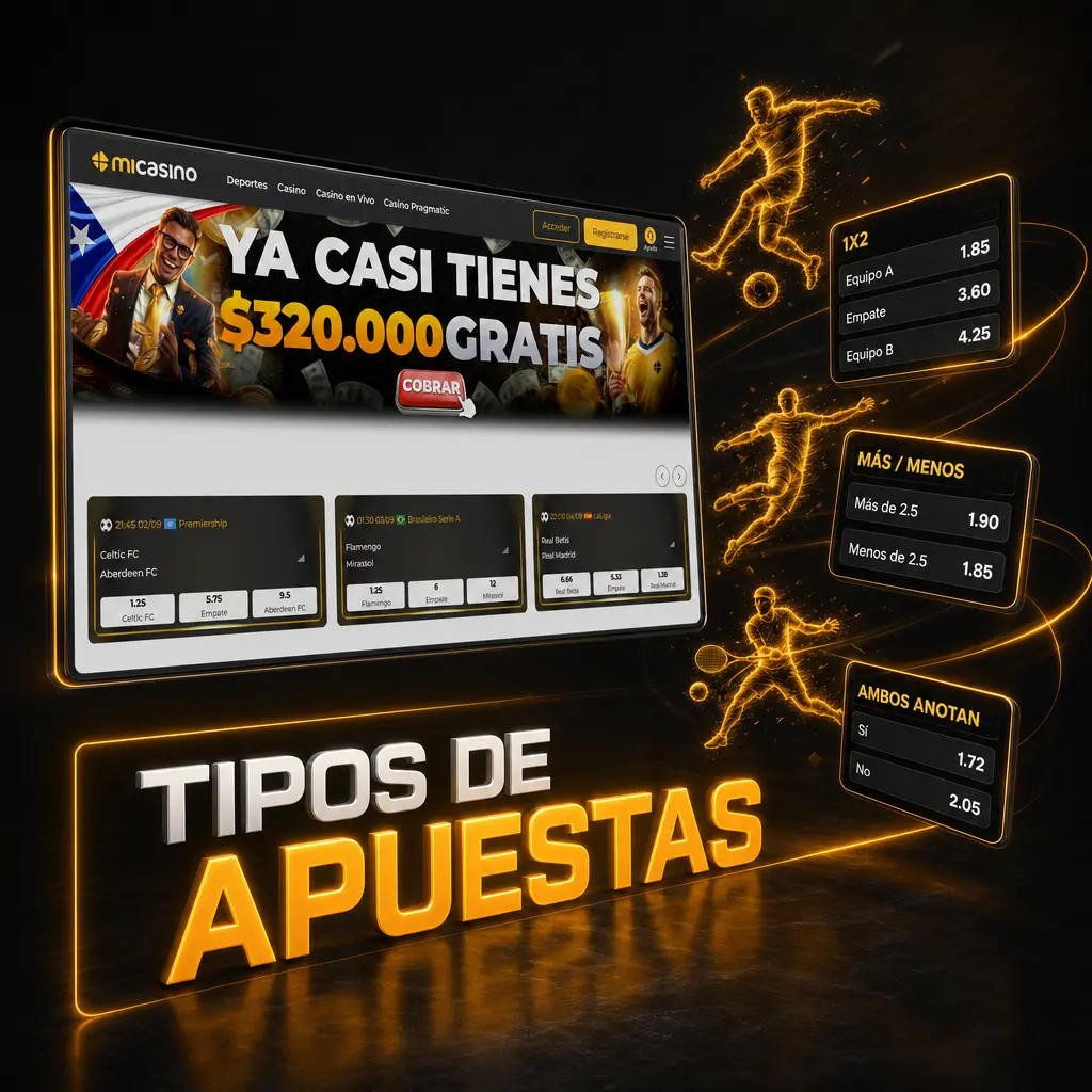 Tipos de apuestas deportivas en Micasino: 1X2, hándicap asiático, over/under, ambos anotan y apuestas de jugador.